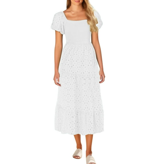 Hvot&aat Womens Summer Puff Sleeve Maxi Dress Hollowed Out Tiered Flowy Dresses Stretch Ruched Solid Color Dress