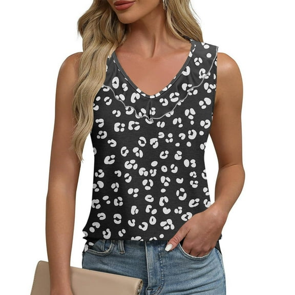 Hvot&aat Womens Summer Ruffle Collar V Neck Tank Top Polka Dots Sleeveless Loose Fit T-Shirt Casual Comfort Daily Blouse