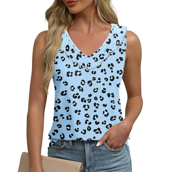 Hvot&aat Womens Summer Ruffle Collar V Neck Tank Top Polka Dots Sleeveless Loose Fit T-Shirt Casual Comfort Daily Blouse