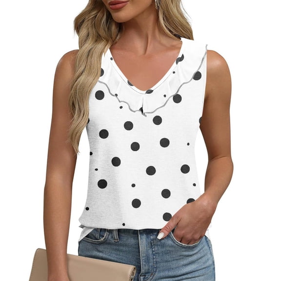 Hvot&aat Womens Summer Ruffle Collar V Neck Tank Top Polka Dots Sleeveless Loose Fit T-Shirt Casual Comfort Daily Blouse