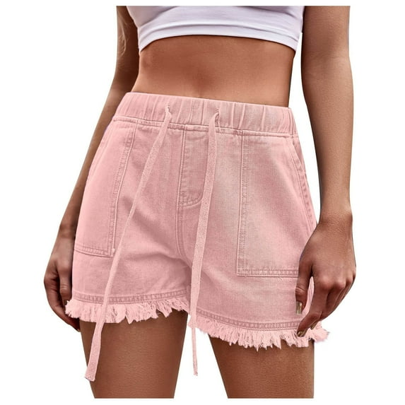 Hvot&aat Womens Summer Solid Color Drawstring Frenulum Jean Shorts Straight Leg Raw Hem Shorts High Waisted Denim Shorts with Pockets