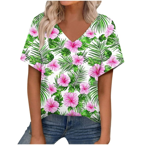 Hvot&aat Womens Summer T Shirts Boho V Neck Short Sleeve Casual Tops Loose Fit Basic Vacation Printed Tees