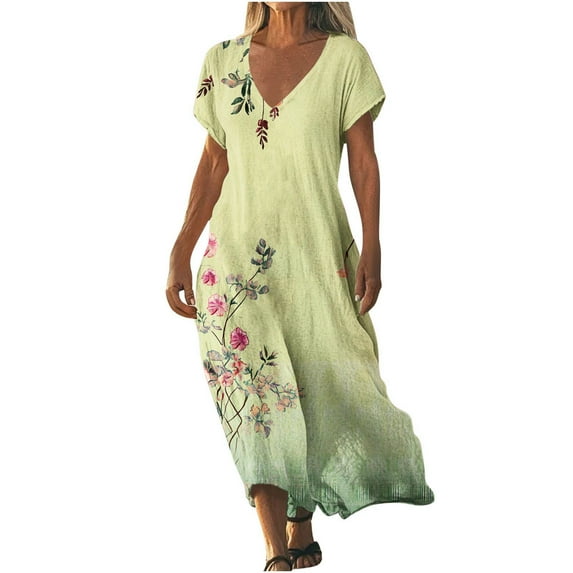 Hvot&aat Womens Summer V Neck Short Sleeve Long Dress High Waisted Baggy Flowy Dress Casual Beach Vacation Dresses