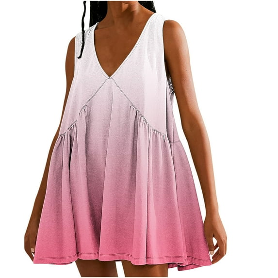 Hvot&aat Womens Summer V Neck Tank Dress Casual Tiered Ruffle Sleeveless Mini Dress Gradient Babydoll Dress