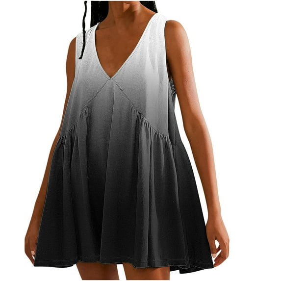 Hvot&aat Womens Summer V Neck Tank Dress Casual Tiered Ruffle Sleeveless Mini Dress Gradient Babydoll Dress