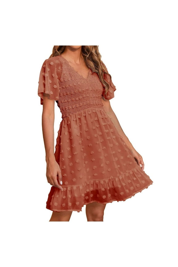 Womens Swiss Dots Dress V Neck Smocked Short Sleeve Casual Swing Flowy Ruffle Hem Mini Beach Vacation Summer Dresses