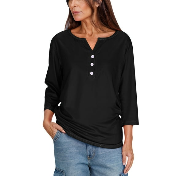 Hvot&aat Womens Tops Summer 3/4 Sleeve Button Down Henley Shirts Trendy Three Quarter Length Sleeve Top Tunics Solid Blouse