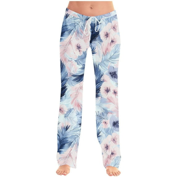 Hvot&aat Womens Trendy Patterned Ultra-Soft Long Pants Elastic Waist Drawstring Baggy Straight Leg Trousers