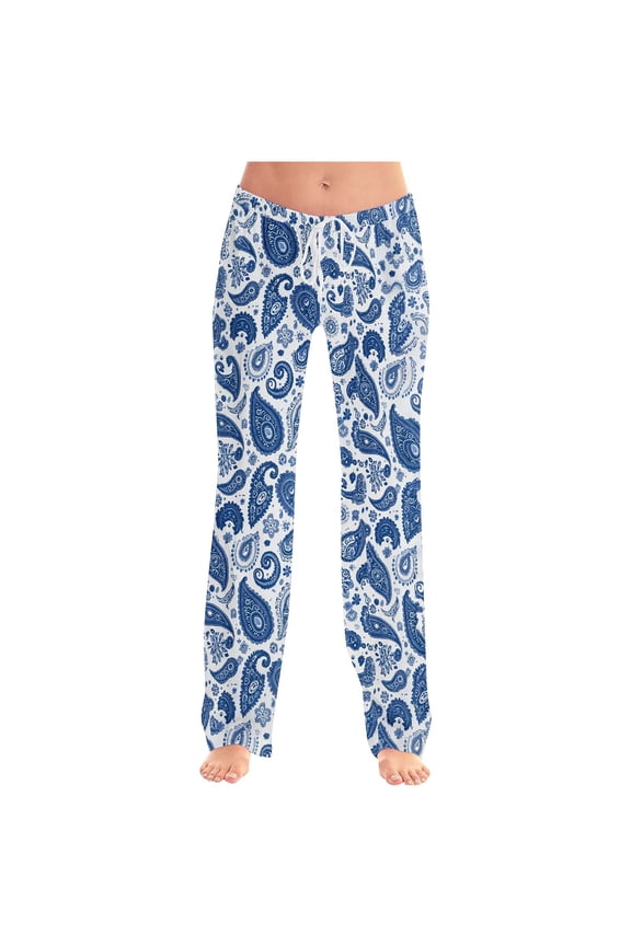 Womens Trendy Patterned Ultra-Soft Long Pants Elastic Waist Drawstring Baggy Straight Leg Trousers