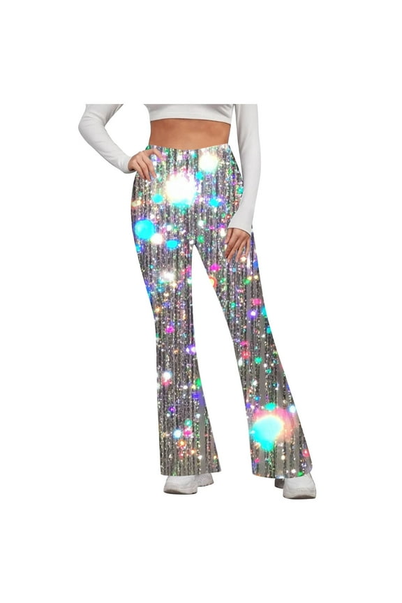 Womens Trendy Sequin Flare Pants Sparkly High Waisted Half Tights Bell Bottom Trousers Night Out Club Wear