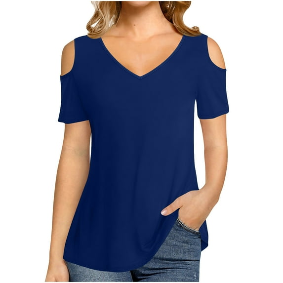 Hvot&aat Womens V Neck Cold Shoulder Tops Summer Solid Color Short Sleeve Blouse Dressy Casual Going Out Tunic Shirts