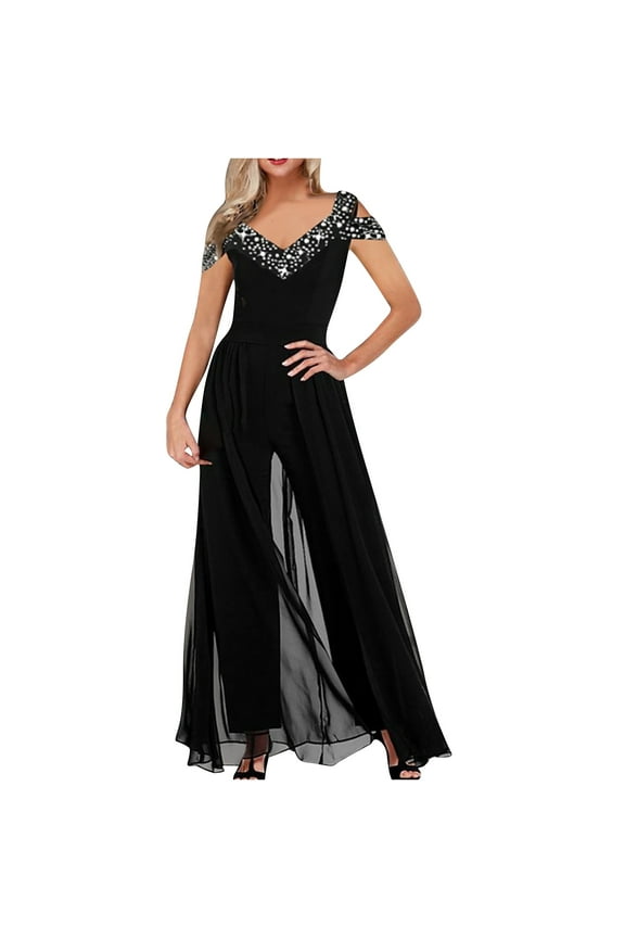 Womens V-Neck Glitter Sequin Jumpsuit Cold Shoulder High Waist Wide Leg Pants Pleated Tull Jumpsuit Party Cocktail Romper