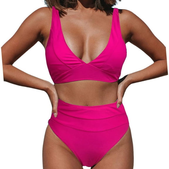 Hvot&aat Womens V Neck Solid Color Swimsuit Two Piece Cover Belly Thin Swimwear High Waisted Bottom Tummy Control Bathing Suits