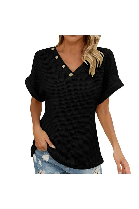 Womens V Neck Waffle Knit Button Henley Tee Shirts Rolled Short Sleeve Tops Summer Casual Loose Solid Tunic Shirt
