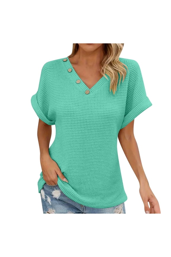 Womens V Neck Waffle Knit Button Henley Tee Shirts Rolled Short Sleeve Tops Summer Casual Loose Solid Tunic Shirt