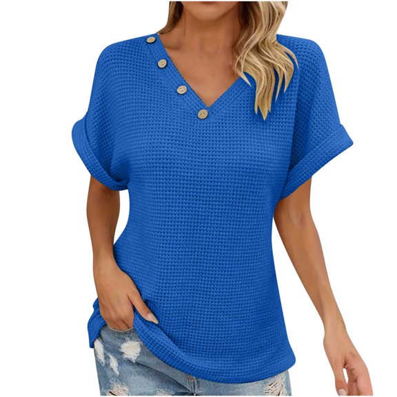 Hvot&aat Womens V Neck Waffle Knit Button Henley Tee Shirts Rolled Short Sleeve Tops Summer Casual Loose Solid Tunic Shirt