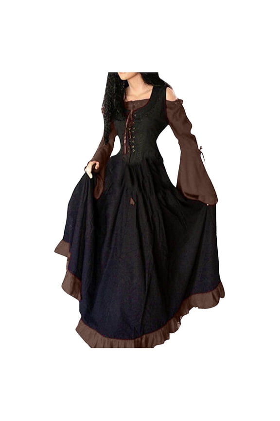 Womens Victorian Dress Cold Shoulder Vintage Laceup Medieval Witch Floor Lenght Dresses Renaissance Costumes