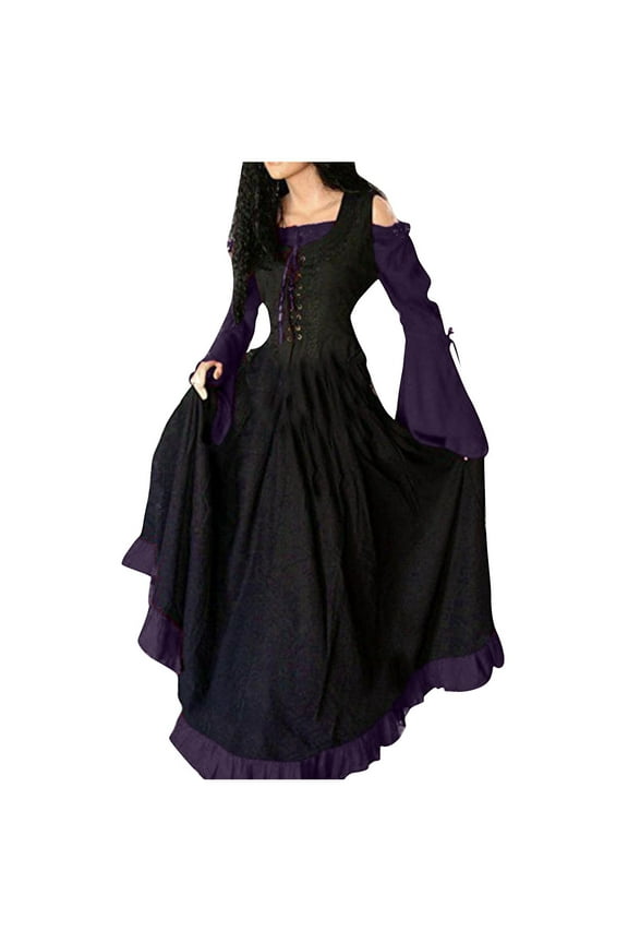Womens Victorian Dress Cold Shoulder Vintage Laceup Medieval Witch Floor Lenght Dresses Renaissance Costumes