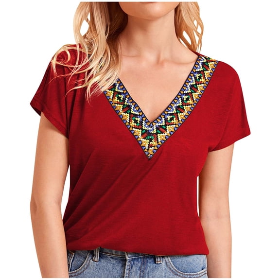 Hvot&aat Womens Vintage Color Block T Shirts Summer Soft V Neck Short Sleeve Tops Dressy Casual Basic Blouses