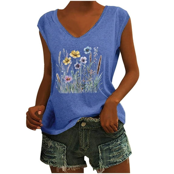 Hvot&aat Womens Vintage Flowers V Neck Shirt Wildflowers Graphic Tee Casual Sleeveless Loose Fit T-shirt