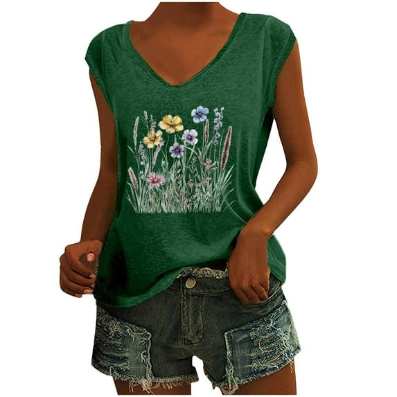 Hvot&aat Womens Vintage Flowers V Neck Shirt Wildflowers Graphic Tee Casual Sleeveless Loose Fit T-shirt