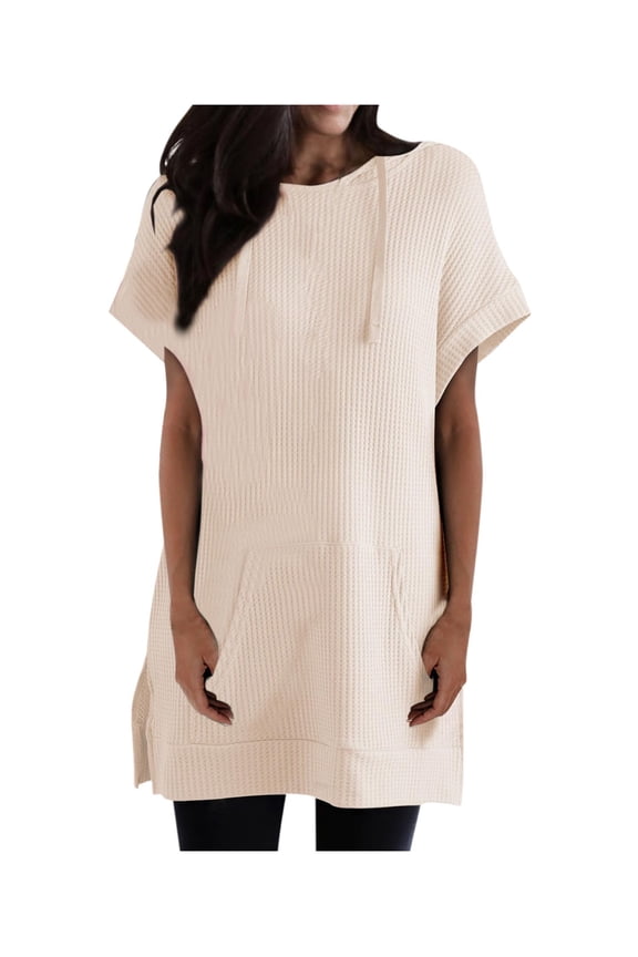 Womens Waffle Short Sleeve Hoodies Slit Hem Summer Casual Tunic T-shirts Drawstring Loose Pullover Tops Blouse