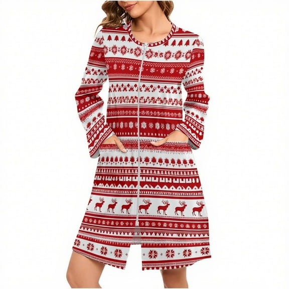 Hvot&aat Zipper Front Robes for Women Christmas Print Long Sleeve Nightgown Holiday Loungewear