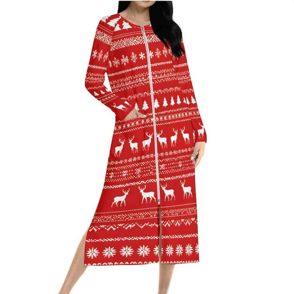 Hvot&aat Zipper Front Robes for Women Christmas Print Long Sleeve Nightgown Holiday Loungewear