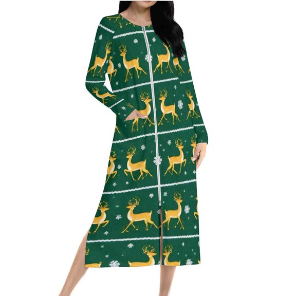Hvot&aat Zipper Front Robes for Women Christmas Print Long Sleeve Nightgown Holiday Loungewear