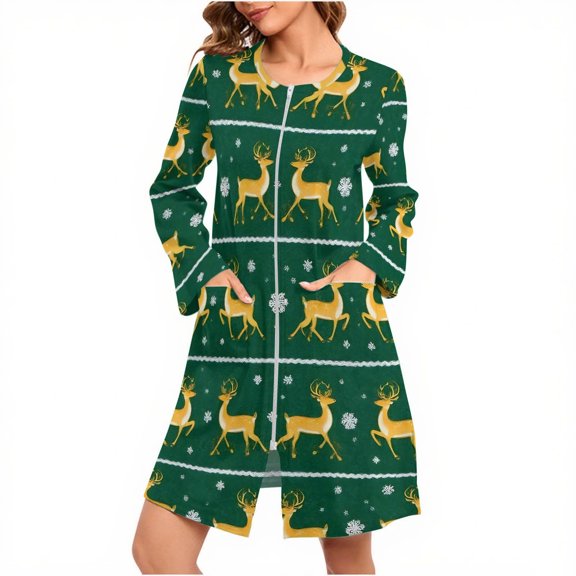 Hvot&aat Zipper Front Robes for Women Christmas Print Long Sleeve Nightgown Holiday Loungewear