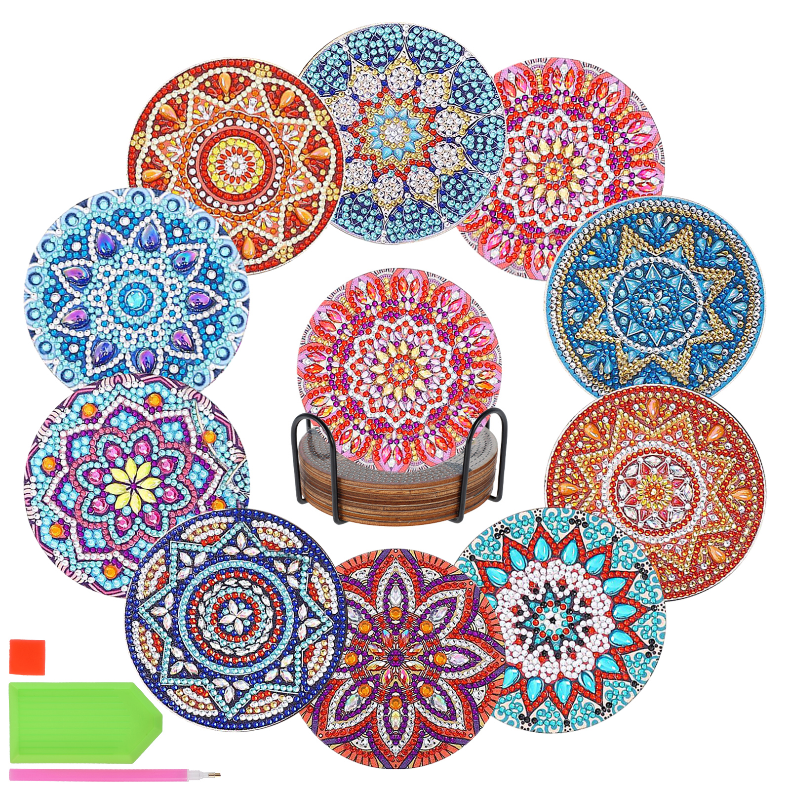 Diamond Painting Coasters Kit - DIY 8 Coaster Set With Holder, Small Diamond Art For Beginners