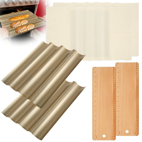 Hvxrjkn 2Pcs French Bread Pan Kit with Wood Transfer Board Fermentation Cloth Nonstick Loaves Tray Heat Resistance Loaves Pan Set Perforated French Bread Baking Pan French Bread Pan for Baking