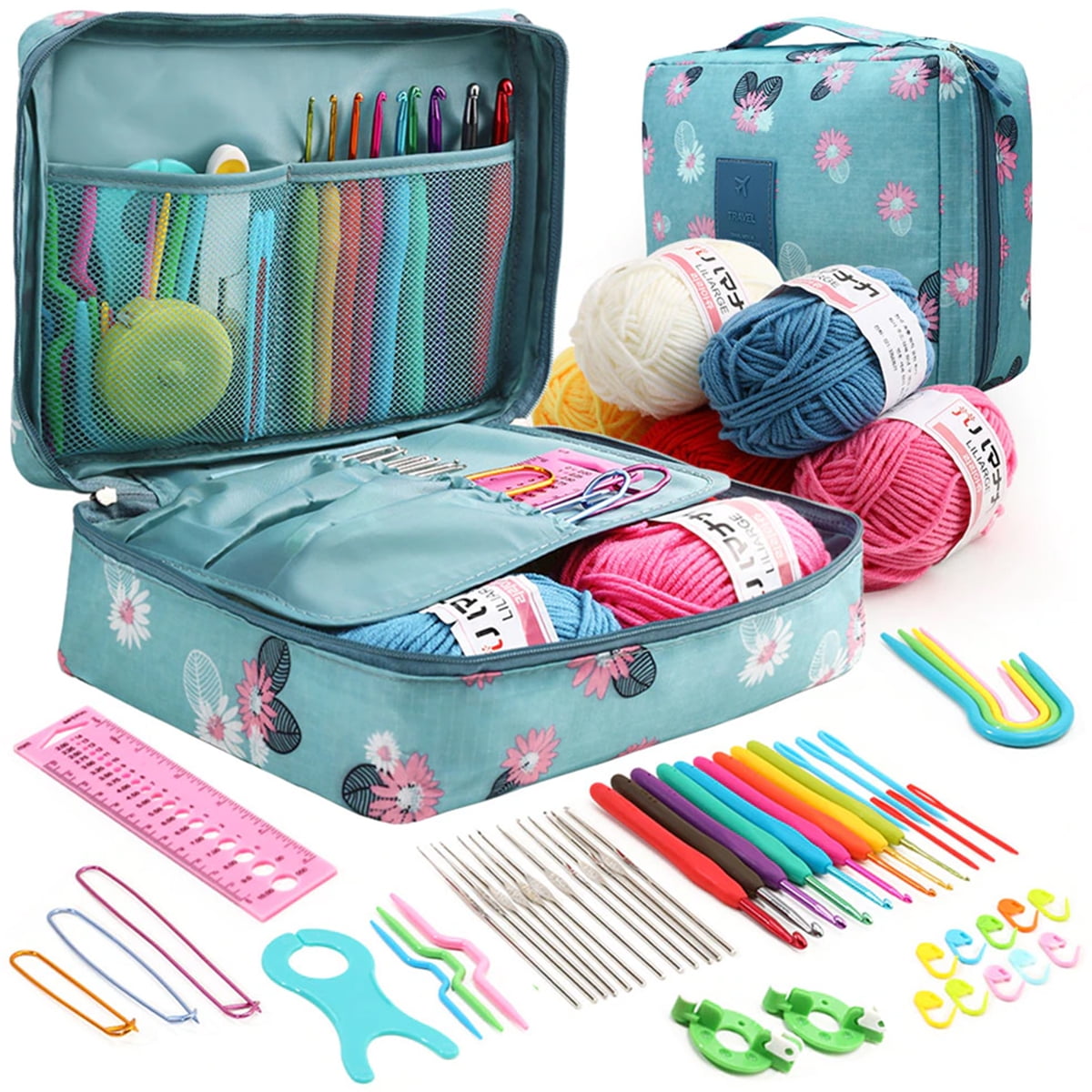 A blue crochet set case surrounded by yarn and crochet tools