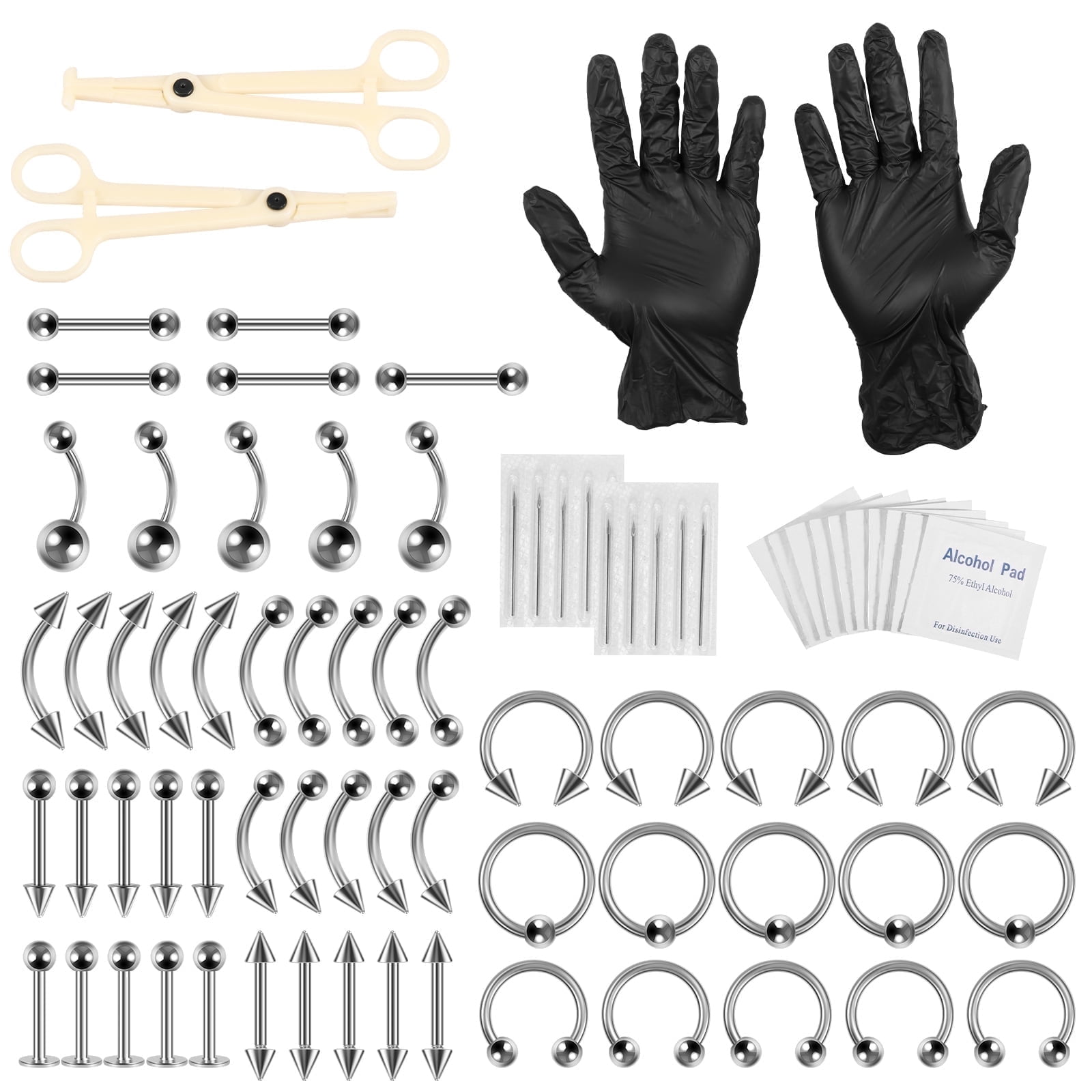 Hvxrjkn 79pcs Piercing Jewelry Kit Pro Piercing Kit 316L Stainless Steel Body Septum Piercing Kit 16G Belly Ring Tongue Tragus Nipple Nose Eyebrow Piercing Tools Piercing Needles Clamps