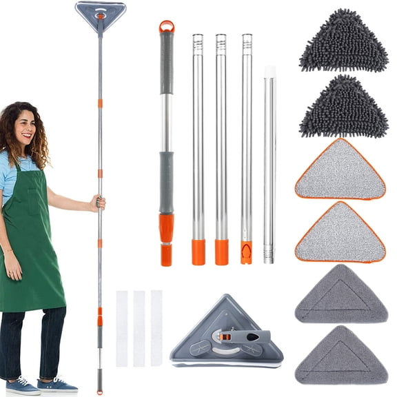 Wall Mop with Long Handle, 82 Inch Extension Pole 360 Rotatable Triangle Wall Cleaner Mop Kit for Ceiling, Baseboard and Windows with 6 Reusable Pads