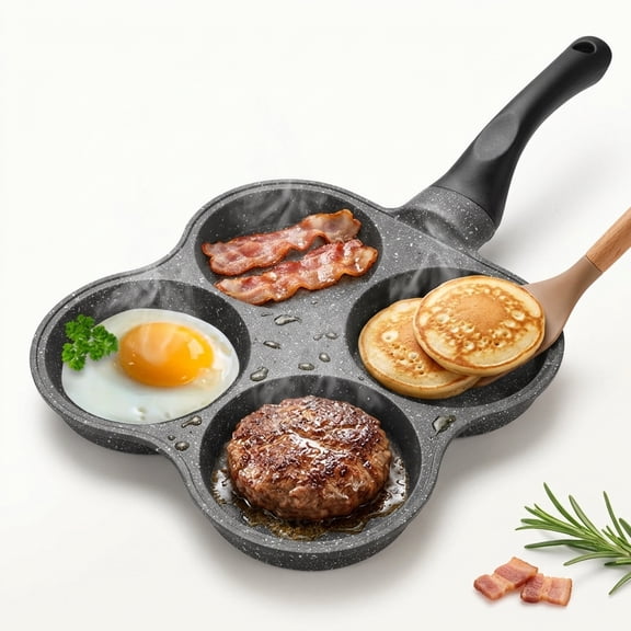 Xiyztok Pancake Pan Non-Stick Fried Egg Pan 4 Holes Frying Pan Pancakes Maker with Handle Crepe Pan for Breakfast Eggs Kitchen Utensils Burger Eye Pan for Gas Stove Electric Ceramic Cooker (Black)