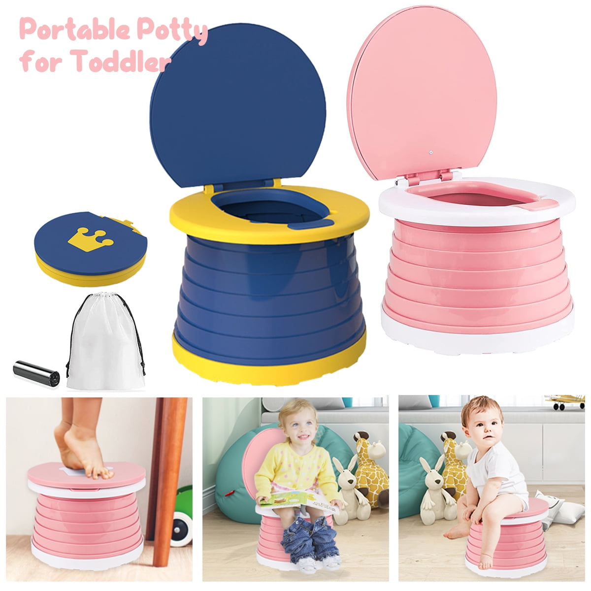 Hvxrjkn Portable Potty for Kids Toddlers Foldable Travel Potty Potty Training Seat with Cleanng Bags Outdoor Travel Folding Toilet Seat Emergency