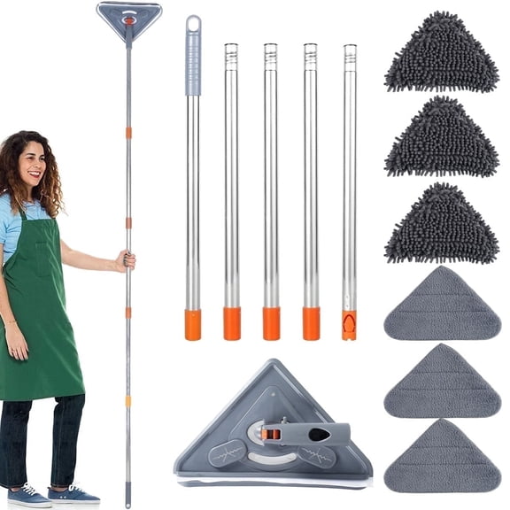 Hvxrjkn Wall Cleaner Mop with Long Handle from 25 to 85 inch, 6 Replacement Pads,Microfiber 360 ° Rotating Triangle Adjustable Dry Wall Cleaning