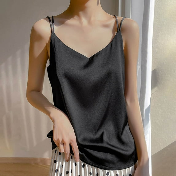 Hvyes Womens Silk Satin Camisole Cami Plain Strappy Vest Top T-Shirt Blouse Tank Shirt V-Neck Spaghetti Strap Tank