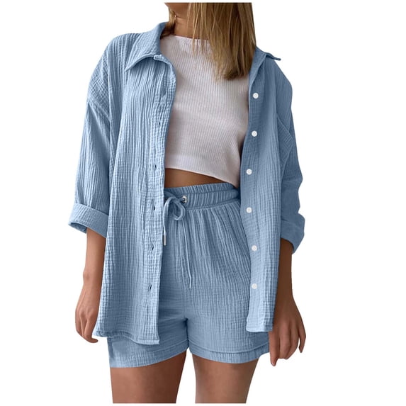 Hvyesh 2 Piece Sets for Women Lounge Wear Matching Two Piece Pajama Fashion Oversized Shirts and Shorts Spring Outfit 2025