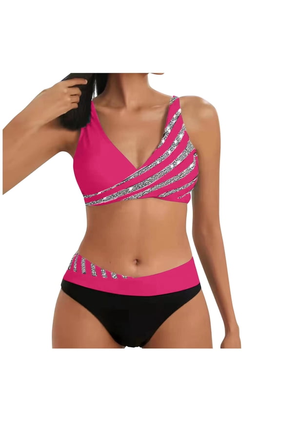 2 Piece Swimsuit for Women High Waisted Bikini Set Sports Sequin Print Swimsuit Plus Size Wrap V Neck Tummy Control Bathing Suit Summer Swimwear Beachwear