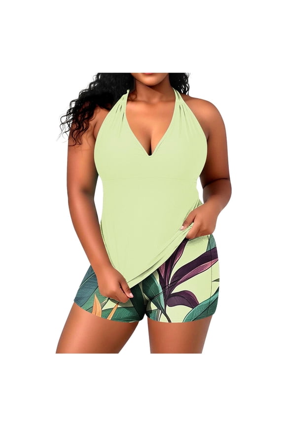 2 Piece Swimsuits for Women Halter Tankini Top with Shorts Sets Plus Size Tummy Control Bathing Suit