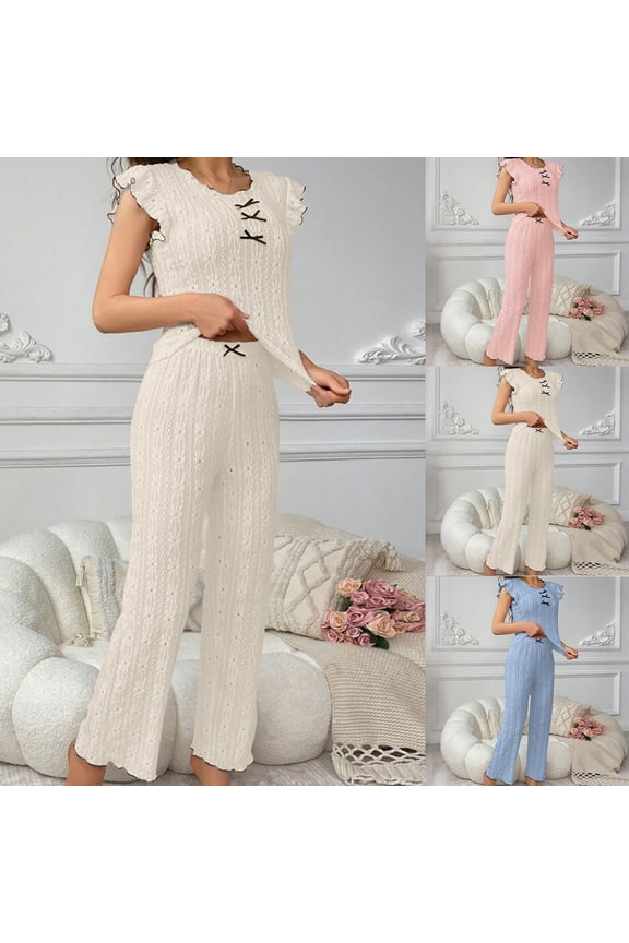2 pack Pajama Sets for Womens Trendy Eyelet Ruffle Sleeve Top and Long Pants Pjs Set Soft Printed Lounge Sets Nightwear