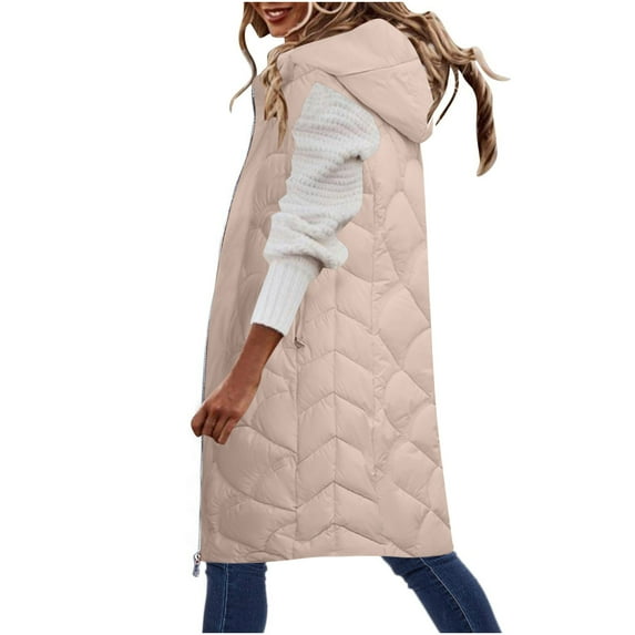 Hvyesh 2024 Winter Puffer Coats Women's Hooded Long Down Vest Full-Zip Sleeveless Puffer Vest Fashionable Coats Jacket 3-Khaki,L