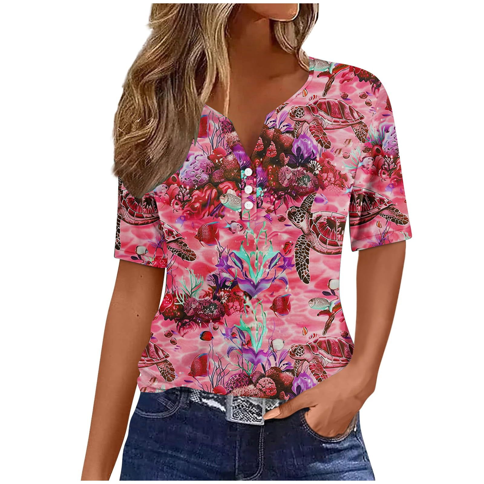 2024 New V Neck Short-sleeve Women Shirt Printed