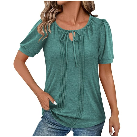 Hvyesh 2025 Womens T Shirts Short Sleeve Pleated Tunic Tops Dressy Casual Lace Up Scooped Neck Summer Tops Blouses