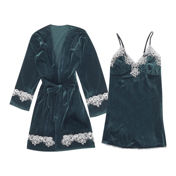 Hvyesh 2PCS Women Lace Trim Nightgown and Robe Set for Women Soft Velvet Bathrobe Cute Bride Nigthgowns