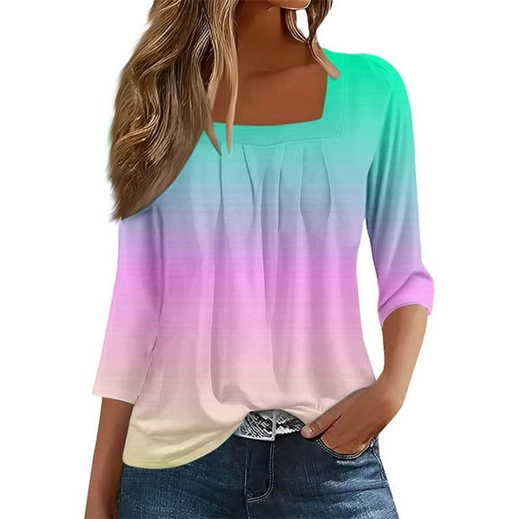 Hvyesh 3/4 Length Sleeve Shirt for Womens Square Neck Casual Tunic Tops Basic Fit Pleated Shirts Loose Fit