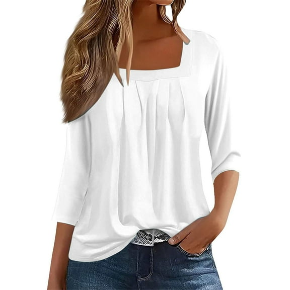 Hvyesh 3/4 Length Sleeve Shirt for Womens Square Neck Casual Tunic Tops Basic Fit Pleated Shirts Loose Fit