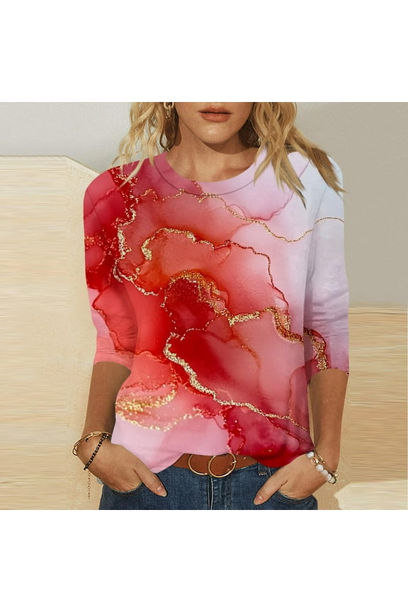 3/4 Length Sleeve Women Tops Plus Size Round Neck Loose Casual Blouses Fashion Marble Printed Tshirts Going Out Tops for Women